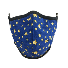 Load image into Gallery viewer, Namaske Fabric Face Mask with Golden Stars on blue fabric