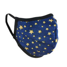 Load image into Gallery viewer, Namaske Fabric Face Mask with Golden Stars on blue fabric