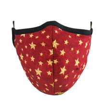 Load image into Gallery viewer, Namaske Reusable Face Masks with Golden Stars on red fabric
