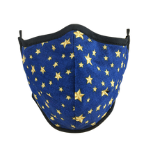 Load image into Gallery viewer, Namaske Fabric Face Mask with Golden Stars on blue fabric
