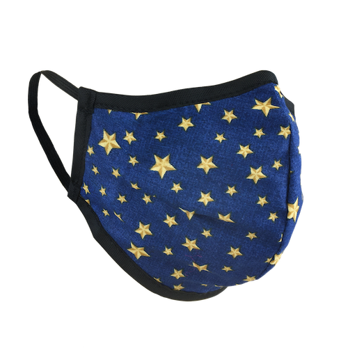 Namaske Fabric Face Mask with Golden Stars on blue fabric