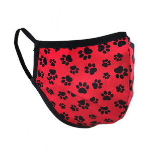Namaske reusable fabric face mask with black paw prints on red fabric