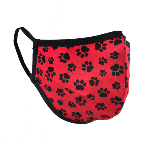 Namaske reusable fabric face mask with black paw prints on red fabric